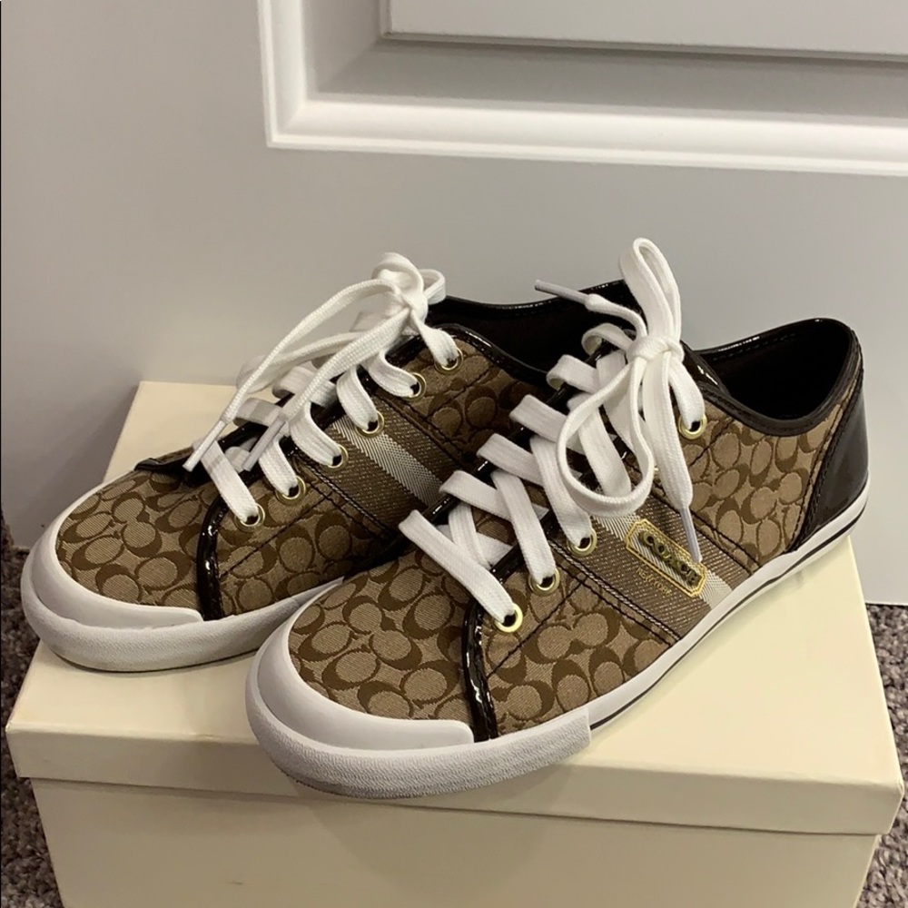 Coach Frances Lace Up Sneakers, Khaki/Gold Multi